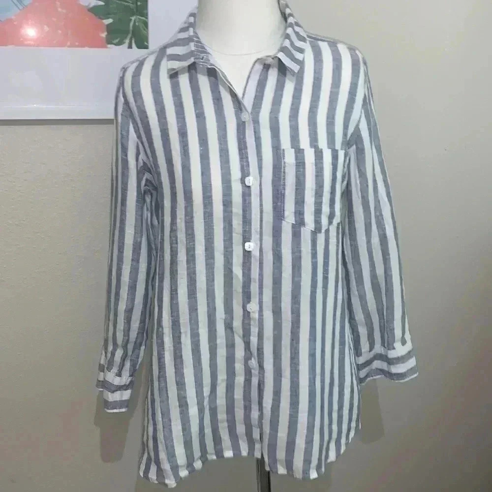 Habitat Relaxed Striped 100% Linen Button Down Shirt Classic Lightweight Beach